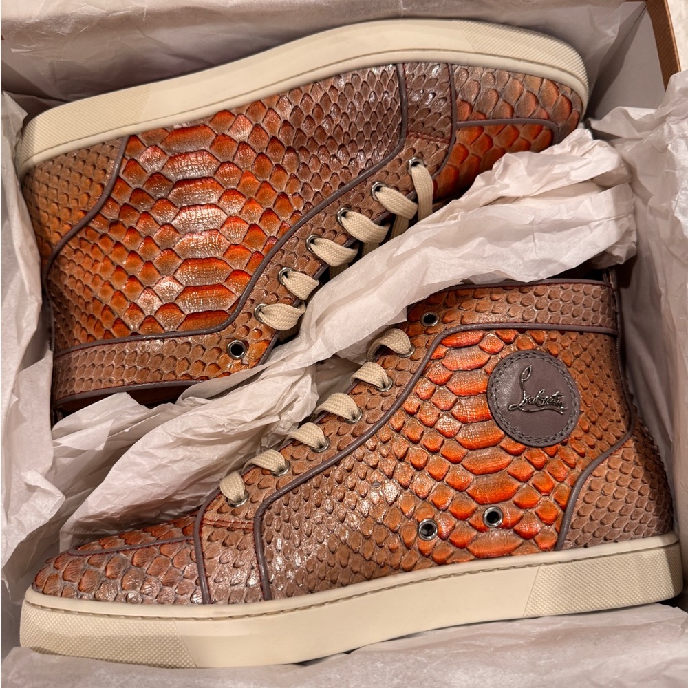 RARE Louboutin RANTUS ORLATO FLAT PYTHON FAIRY TALE - Mandarin Red Sz 44